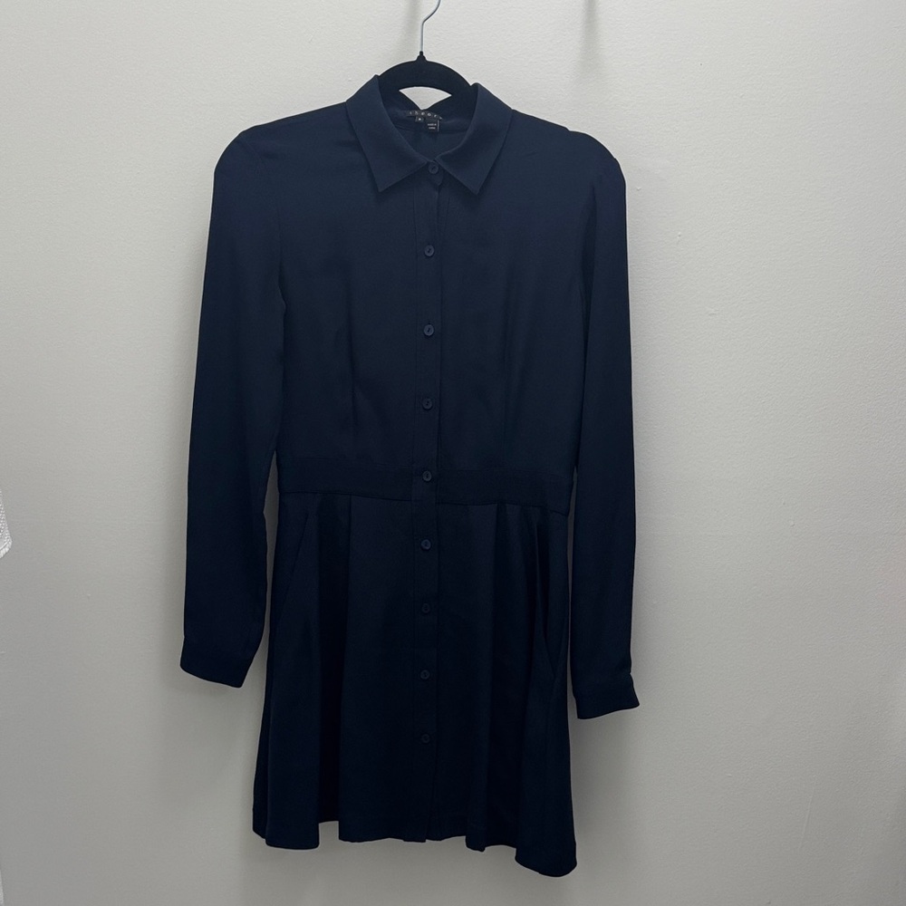 Theory Navy Long Sleeve Silk Dress w Pockets Size 0 - Picture 2 of 9